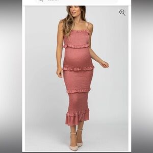 Mauve Satin Smocked Fitted Maternity Midi Dress - pink ruffle midi dress